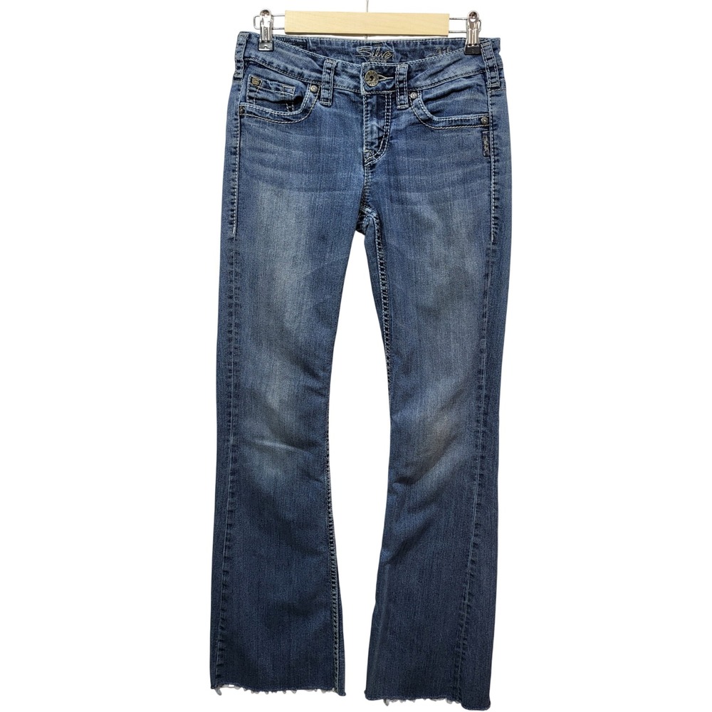 Silver Jeans Co Mens Bootcut Medium Wash Denim Blue Frayed Raw Hem Jeans 27/35*